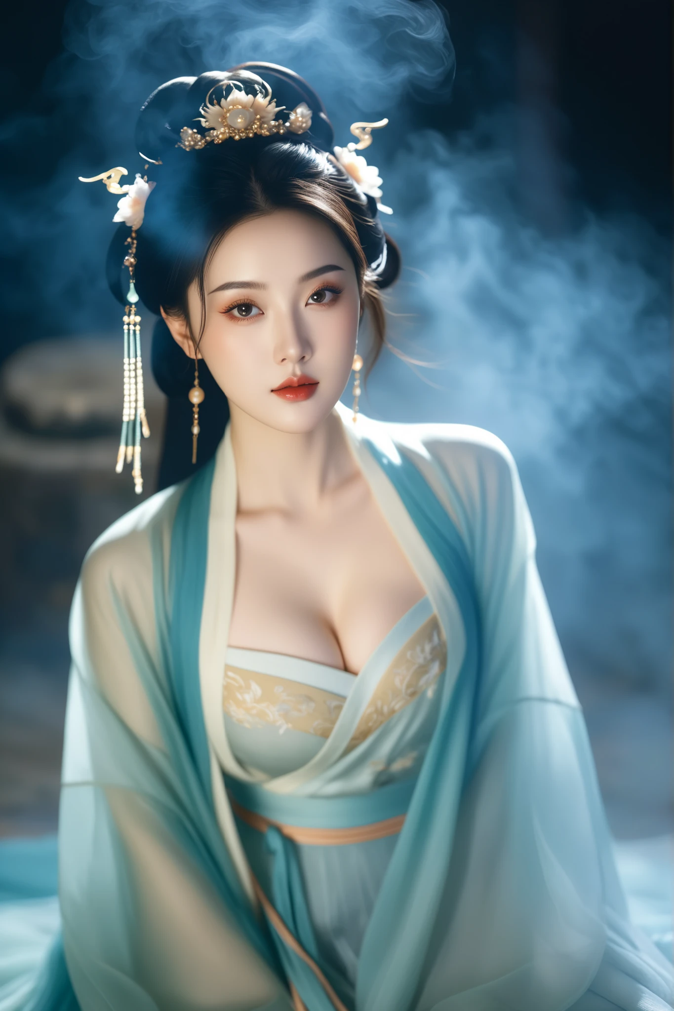 Chinese actress Xu Xun in The Legend of Ruyi (Zhou Xun) A Qing dynasty Empress standing in the foreground, showing her large breasts, her hairy pussy and underbelly, naked without underwear on the cobblestones outside a Chinese palace during the Qing dynasty、Chinese empress hairstyle big crown