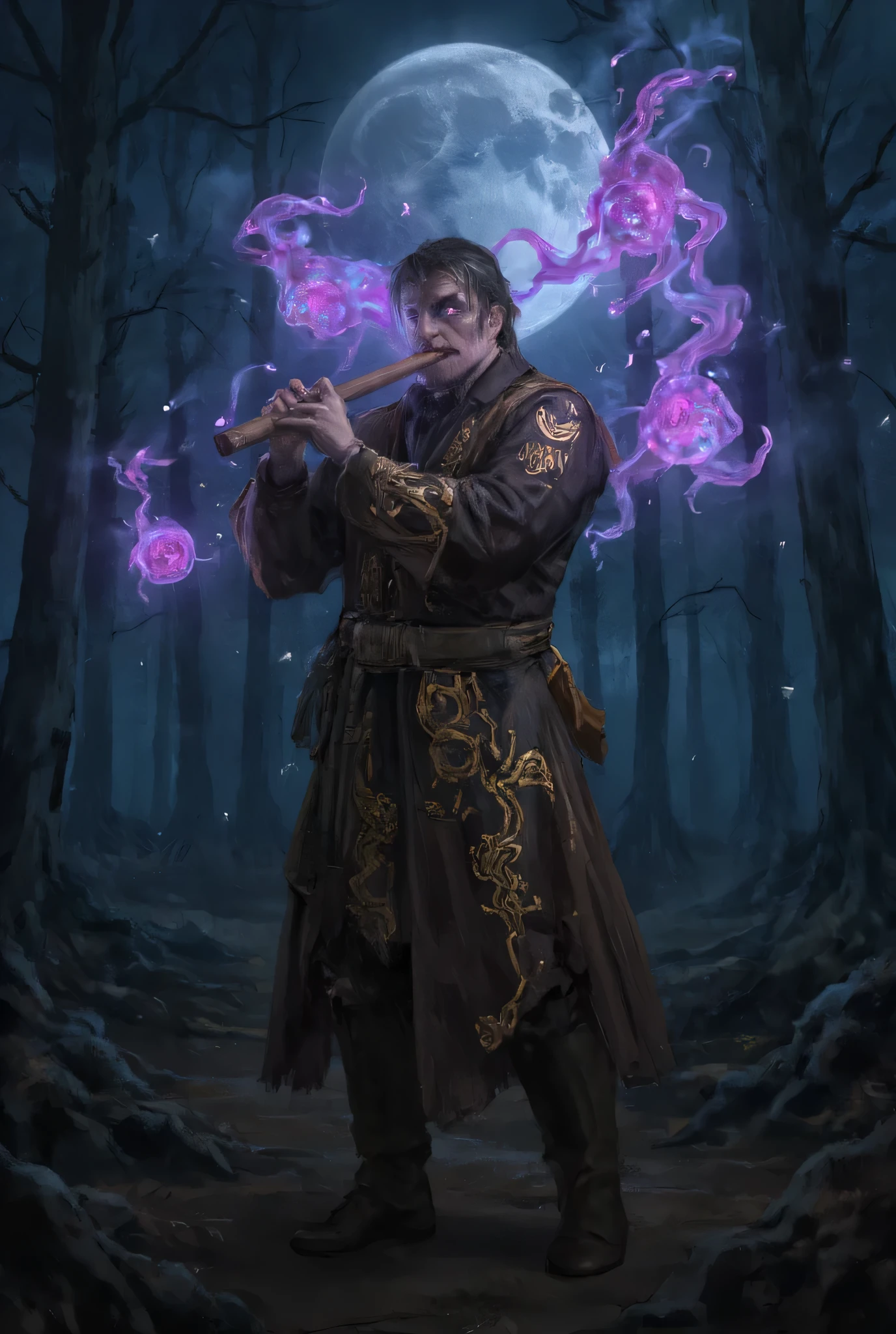 A mysterious medieval flutist standing in a moonlit forest clearing, dressed in a long, tattered cloak with embroidered arcane symbols. As he plays a wooden flute, glowing magical energy flows from the instrument — swirling lights, runes, and spectral creatures take shape in the air around him. His eyes glow faintly, and the wind seems to dance with the melody. The scene is filled with a sense of enchantment and ancient power. Detailed fantasy setting, magical atmosphere, soft blue and purple lighting, digital painting style, high detail, semi-realistic rendering