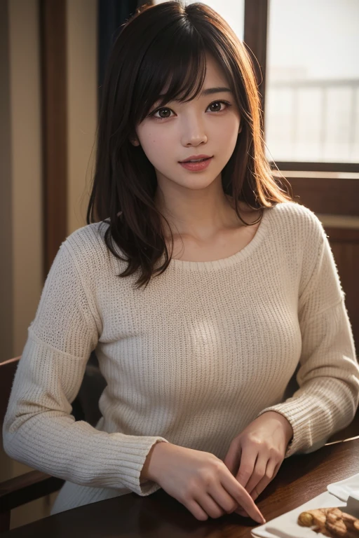 8K, of the highest quality, masutepiece:1.2), (Realistic, Photorealsitic:1.37), of the highest quality, masutepiece, Beautiful young woman, Pensive expression, Thoughtful look, Cafe clerk、Hair tied back, Cinematic background, Light skin tone