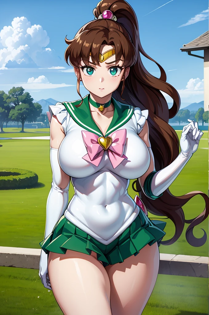 Looking at Viewer, View here、Looking at the camera、the sailor jupiter、nffsw , Thigh opening、open one's legs、Opening legs、Bare legged、Face exposed to light、Raise one leg、Sparkling eyes、Lively eyes、Crisp Contours、Clear contour lines、Clear contour lines、Detailed contours、Blue eyes、Big eyes、Clear eyes、clearly defined eyes、poneyTail、Brown hair、white leotard、White Gloves、Long gloves、Pink ribbon、a golden tiara、Green brooch、Green sailor color、Green miniskirt、Green pleated skirt、Green elbow pads、Green boots、Sailor Moon、A smile、A smile、Proud face、which are full of confidence々Face、cute face,((masutepiece)),((Best Quality)),Ultra-detailed,illustratio,explicit,Beautiful body,Beautiful nose,Beautiful character design,Perfect eyes,Perfect face,Wallpaper,超A high resolution,4K,Photography,(Beautiful, Large breasts:1.2),(Beautiful face:1.2),(Beautiful legs, Perfect legs),Shiny skin,official style,1girl in,masterpiece、Top image quality、Detailed details、One girl,Large breasts、grass field、lawn