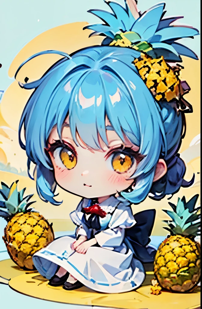 ( Golden Eyes、light blue hair、Chignon Hair、sharp face、:tupid hair:1.3)、multi color、super detail、absurd、accurate focus、(Chibi cute、pineapple love、Fresh Pineapple:1.3)、angle from above、 LINE stamp style、Full body projection、best quality、信じられないほどabsurd、very detailed、2.5D、Delicate and Dynamic、Wear dress clothes、rainbow background effect、Pillow Fight、with my s、quiet, serene expression、Candy House、by yourself