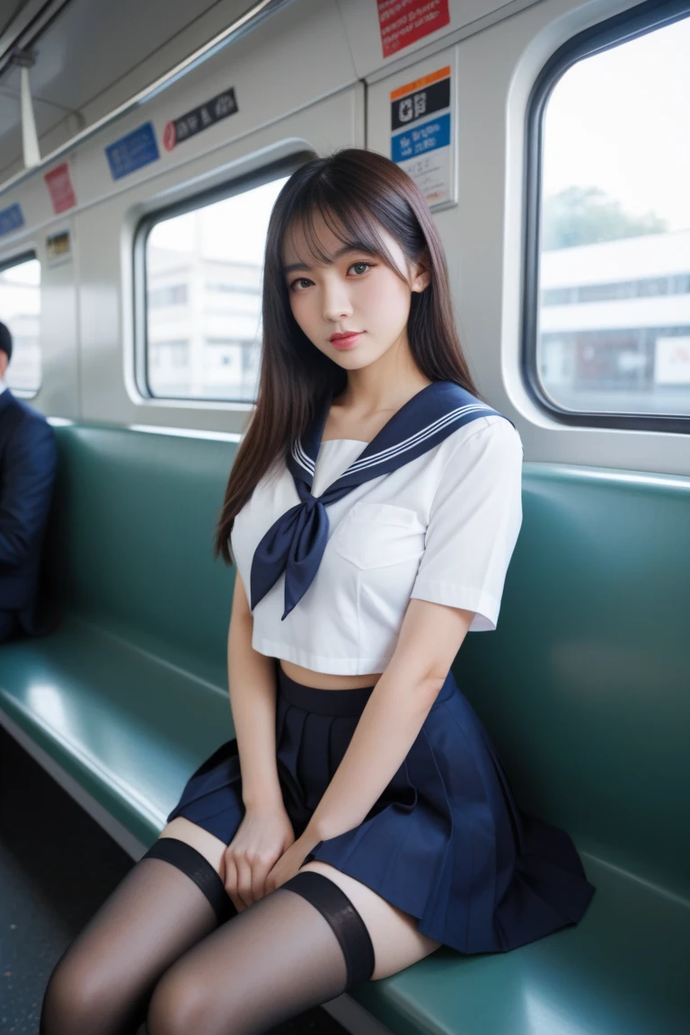 (16k, RAW photos, top quality, masterpiece: 1.2), (realistic, photorealistic: 1.37), 1 girl, Korean, schoolgirl, sailor suit, (open legs)), sitting on a crowded train, big, slender, crotch, full open legs, (round swing sexy mini skirt: 1.3), (white open shirt: 1.3), , See-through underwear, not wearing underwear