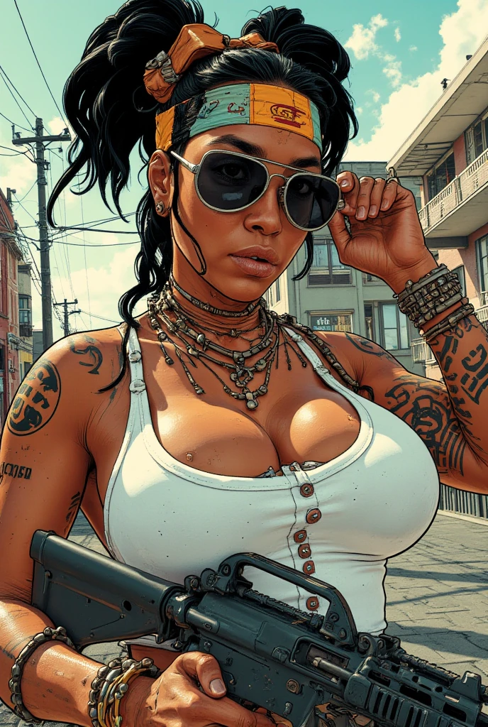 A 4k picture of a (busty) black female gangster, tattoed, wears green bandana and short jeans, in a town slum, vector color shading, warm color tone, 2D gta artstyle, masterpiece, best quality