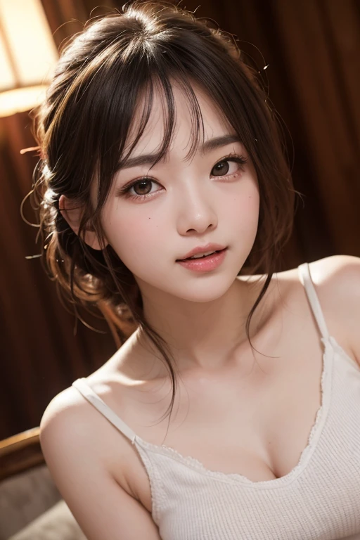 hair tied up with a hairband、pink lingerie、medium breasts、valley、A beautiful woman with a sense of transparency、cute、pout、upper body up、White curtain on background