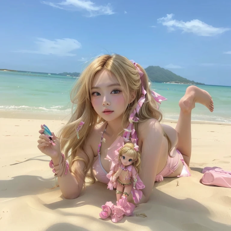 Sitting on the edge of the beach, A girl with flowing blonde hair and blue eyes, Slightly cross-eyed, in a pink A-line dress that perfectly matches the bow in her hair, Her skinny legs and her chubby body. Around her, Colorful seashells and starfish adorn the sand, As blue and pink butterflies fly merrily around her, creating a magical and enchanting setting. disney style image