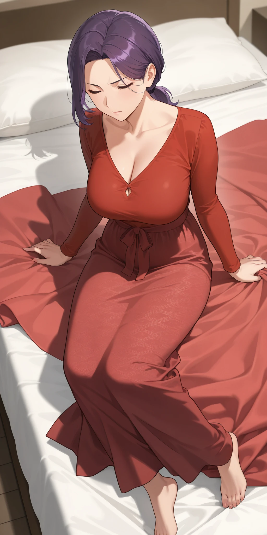 <lora:yor_forger_v1:0.8>, bbyorf, long hair, white hairband, red eyes, gold earrings, large breasts, jewelry, off shoulder, red sweater, sweater dress, long sleeves, black pantyhose, bedroom, on bed, 1girl, looking at viewer, light smile, (lying, on back:1.3), from above, full body, (nsfw:1.2), (large breasts:1.3), (Masterpiece:1.2), (Best Quality), (perfect face), full body portrait, perfect skin,(detailed body:1.3),(detailed face:1.2), (rendered eyes:1.3)