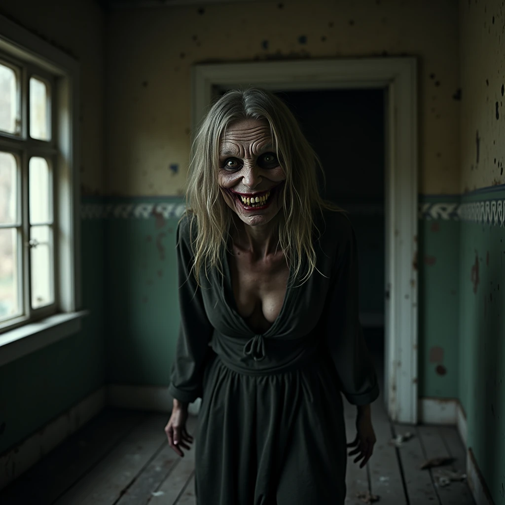 Room in abandoned house, maniac old woman with a creepy smile holding a knife inside the room, the old woman has a zombified appearance, the old woman has a red look in her eyes and her clothes are old rags 