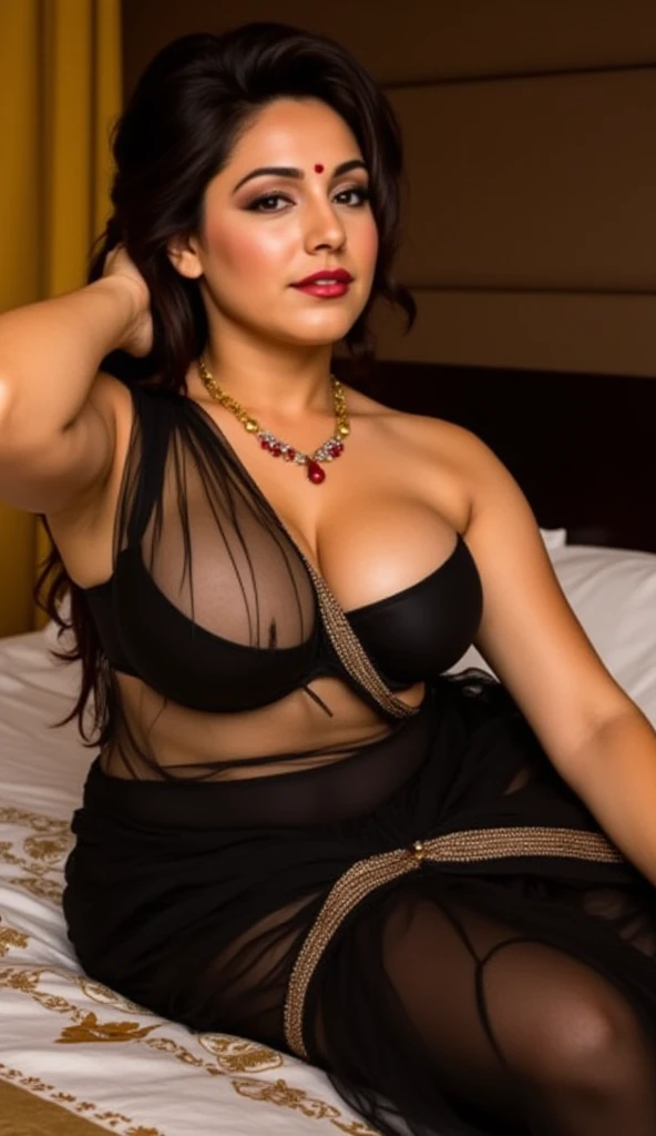 ((best quality)), ((masterpiece)), (detailed), A captivating photo-realistic depiction of a sexy and mature Indian ero6woman, radiating allure as she cuddles her partner in the dimly lit ambiance of an ancient palace at night. Her sultry curves are accentuated by the clingy black saree that hugs her body, revealing a tantalizing glimpse of her cleavage and navel. Her eyes, sparkling with desire and sensuality, gaze intently into the night, as the rich textures of her flawless features gleam in the darkness. With her perfect face, seductive pout, and luscious locks cascading down her shoulders, she embodies the essence of desire and passion, inviting big pumped lips red lipstick super big fake lips , piercing big fake lips heavy eyes make-up 