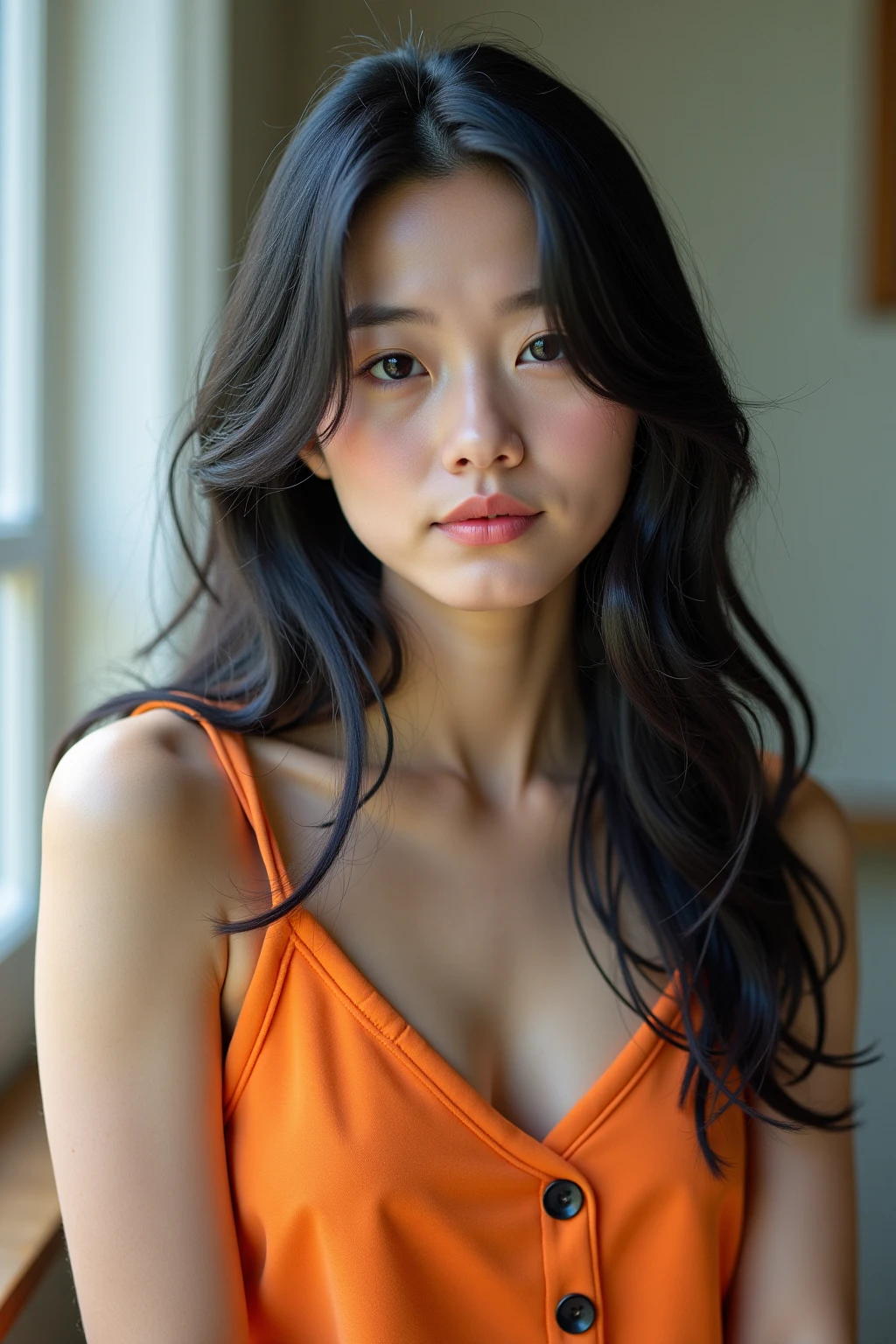 (in 8K、Raw photography、top-quality、​masterpiece)、(realisitic、Photorealsitic)、ultra-detailliert、超A high resolution、女の子1人、see the beholder、beautifull detailed face、a smile、Constriction、short-cut、Beautiful detailed skin、Skin Texture、Professional Lighting、fullnude、fullnude、Whole human body、from the thighs up