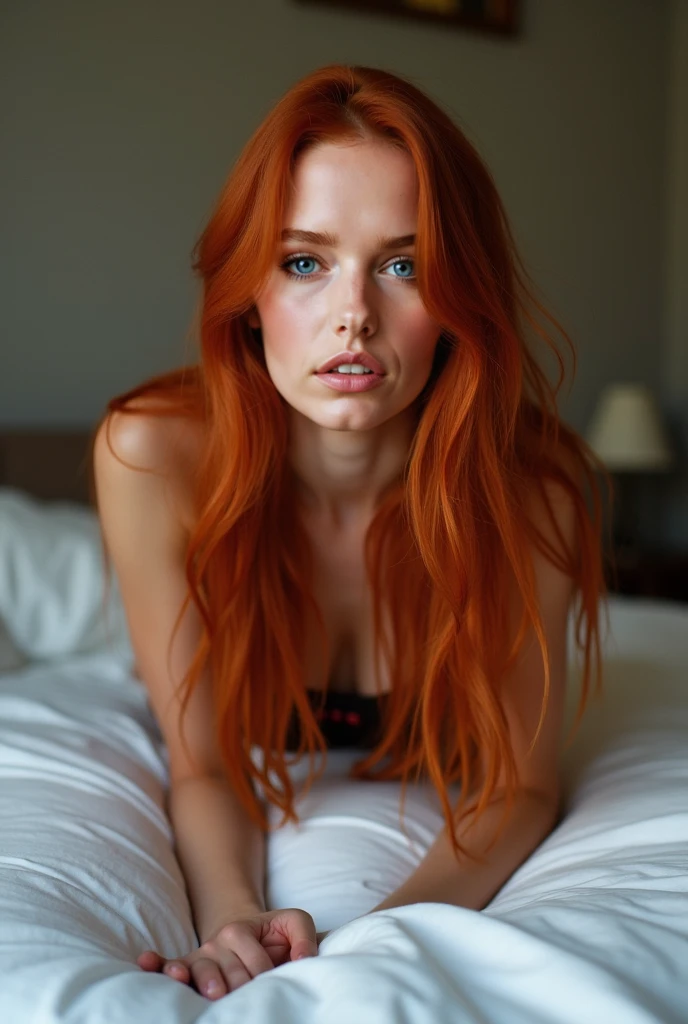 (Full body photo:1.4). beautiful 1 girl. very long and messy red hair. poses sensually lying on the bed, soft skin, beautiful face, blue eyes, Soft and pink lips, expression of pleasure. small natural breasts, perfect body, medium height. very short grey miniskirt, white semi-transparent underwear, barely covers her breasts and intimate area. intimate moment, sensual, Softly lit, atmosphere of privacy, slightly blurred background.