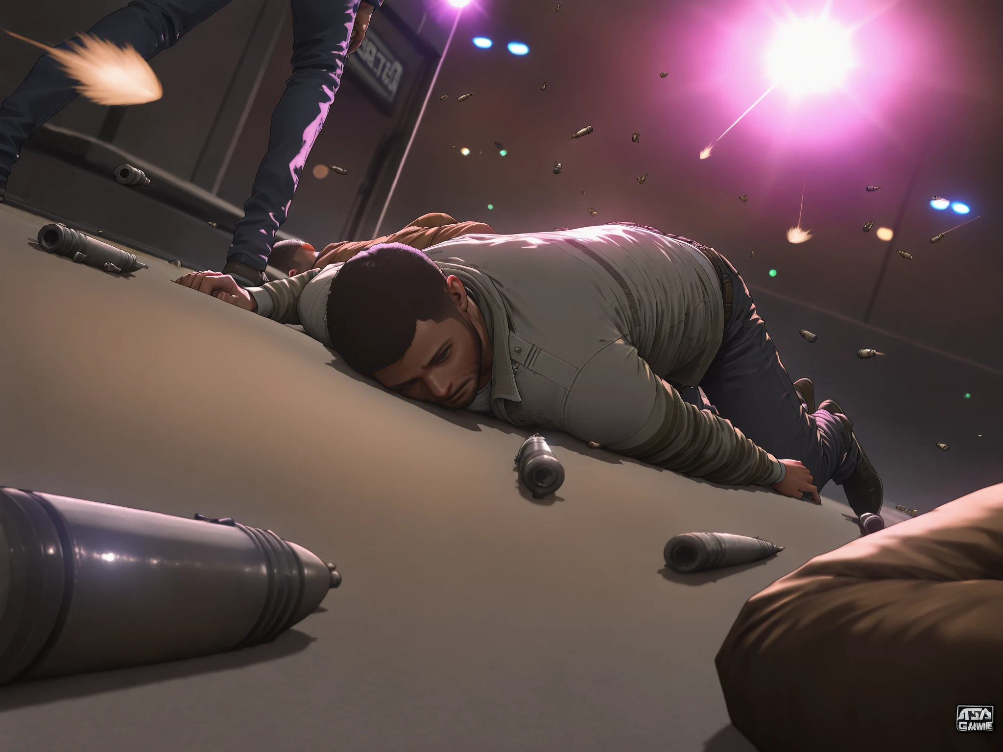 (GTA game scene:1.5), man lying on ground, (bullets flying:1.5), (bullets holes), (GTA-style, "Wasted" sign:1.4), detailed 3D render, cinematic lighting, moody urban environment, gritty street textures, dynamic camera angle, photorealistic,high resolution,4K,HDR,studio lighting,physically-based rendering,extreme detail,vivid colors,bokeh