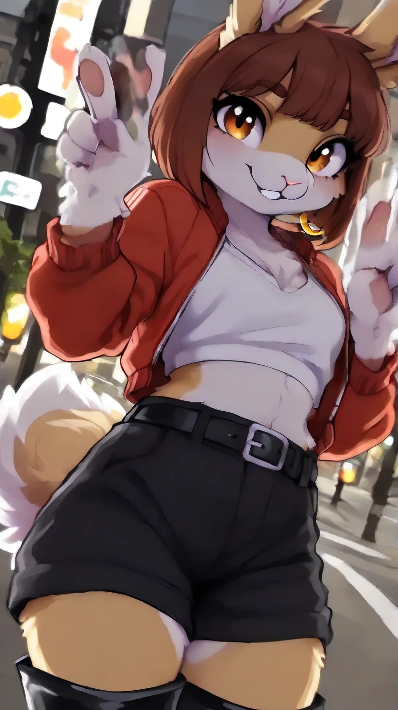 solo, female, feline, cat, silver tabby, green eyes with yellow sclera, short dark maroon hair, alleyway, standing, snout, pink nose and pink inner ear, big breasts, ((red glasses)), (((by spuydjeks, by bebebebebe))), ((by spikedmauler)), (red g-string), (yellow graphic tee shirt), (green bomber jacket), ((very light grey fur with light grey stripes)),