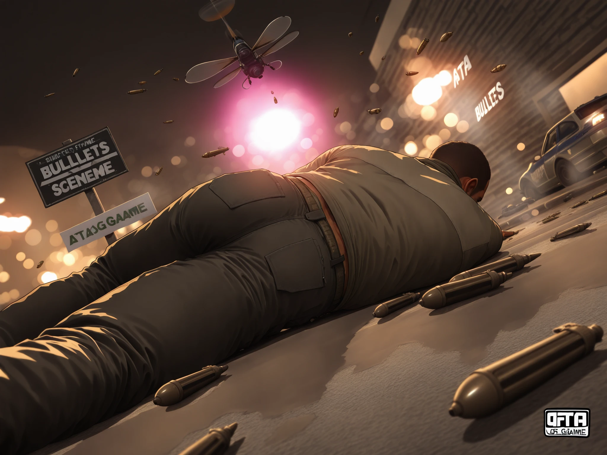 (GTA game scene:1.5), man lying on ground, (bullets flying:1.5), (bullets holes), (GTA-style, "Wasted" sign:1.4), detailed 3D render, cinematic lighting, moody urban environment, gritty street textures, dynamic camera angle, photorealistic,high resolution,4K,HDR,studio lighting,physically-based rendering,extreme detail,vivid colors,bokeh