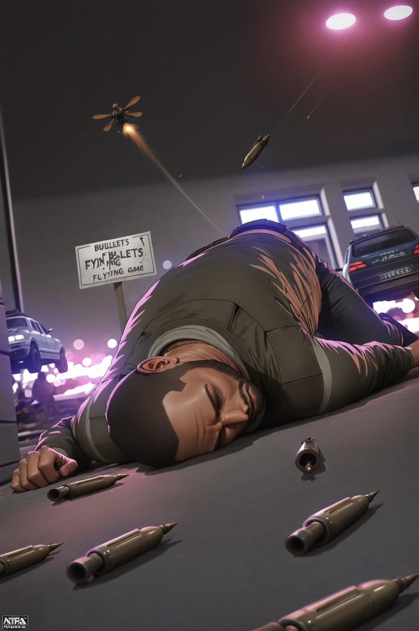(GTA game scene:1.5), man lying on ground, (bullets flying:1.5), (bullets holes), (GTA-style, "Wasted" sign:1.4), detailed 3D render, cinematic lighting, moody urban environment, gritty street textures, dynamic camera angle, photorealistic,high resolution,4K,HDR,studio lighting,physically-based rendering,extreme detail,vivid colors,bokeh