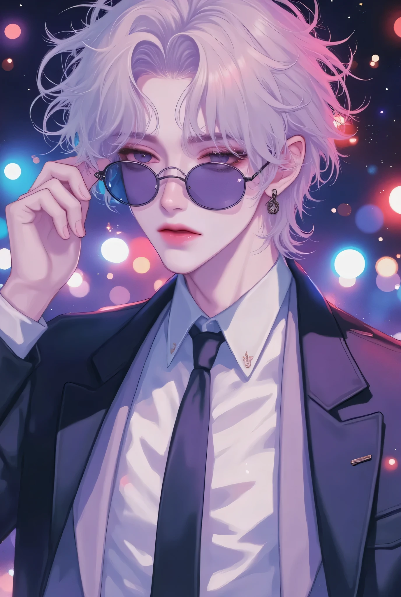 2D、anime、Kpop holiday 、Take a selfie、オシャレでクールなMen's少年のモデル、A beautiful, young, beautiful、, including emotional expressions such as dizziness、bisexual 、cool、white hair color、Short Hair、 arranged hair 、Handsome Hair、Xiaoyan、white skin、 neutral face 、Men's、cute face、 cool sharp eyes 、sharp thin eyebrows 、tall、excellent style、cool物が好き、black fashion style、Age 19、 half Japanese and Korean man 、Fascinating fans、seduce、 beautiful pictures 、masterpiece、top quality、HD、fantastic、 the background is bright 、 with a painful expression taken from an oblique side、Beautiful Portraits、Men'sメイク、animeメイク、 cute girl with piercings 、has a story、Whole shot、Hands on Hips