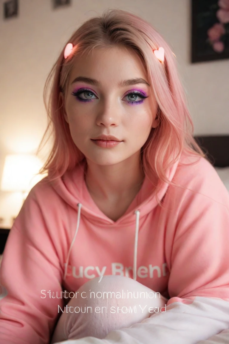(18yo, curvy girl, bold eyebrows, blue eyes, soft makeup, y lips(bold coral-lips), long straight blonde decolored hair(slicked back-hair), porcelain skin(very pale skin), wide hips, large brearfect hands, perfect fit legs). Pout face expression, ((hair with a large bow, Oversized hoodie(with "KASK" and "MOJITO" written on it), underwear peeking out(thong visible), oversized-eyeglasses, plastic bag,(Emphasizing facial expressions OR details in her outfit))). Curvy girl is captured in an asymmetrical pose(Holding-up two-finger in a gesture), The scene is captured on a faded film reminiscent of a 70mm(photo from decades past). A subtle haze and a soft focus on the background enhance the quality of the image, (backlighting), Horror movie effects, -enhancing the overall composition.(((in a pink/teal colors palette theme))), Dutch Angle/Tilt: The camera is tilted to create a sense of disorientation or artistic tension. (((in a NEON pink/INDIGO colors palette theme))) ((CLOSE UP SHOT, WITH HER BOLD PINK LIPS))