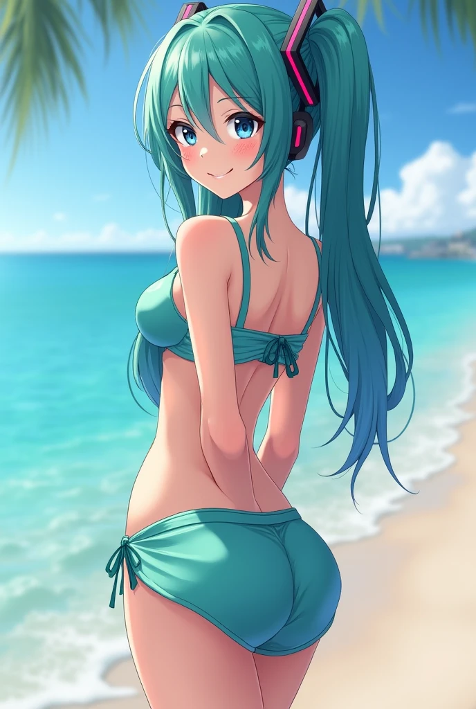 Ram-chan,invader,Very small micro underwear,Face forward and spread your legs wide., Big Ass,Resort Beach, Palm tree,sun, Highest quality, High definition, Orange eyes, Beautiful Eyes, beautiful girl, Big Breasts, blush,（It has two small demon horns on its head.）,Sunlight shining from the front,Big Breasts,Underwear is biting into,smile,Her hair is turquoise green.（,With its mouth open, sharp canines are visible.,）White lace bra and white lace panties,Your underwear is wet and transparent,Low-rise see-through panties,