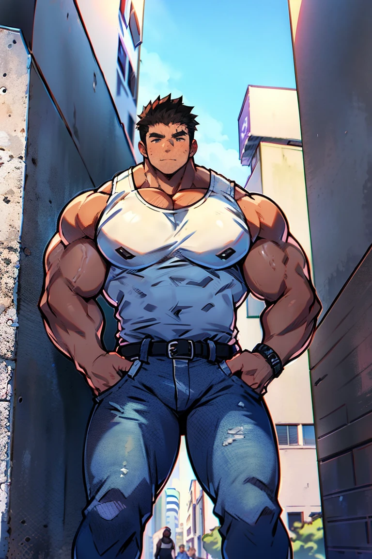 ((anime style art)), Extremely muscular male character, bodybuilder body, Wearing a sleeveless V-neck shirt, Raise your hands to neck height, character leaning against wall. pocket, Future Cityscape, Busy route, architecture, People AS & car. protagonist in animation, nice picture, harddisk, 4k, The protagonist leans against the wall，hands level with face.