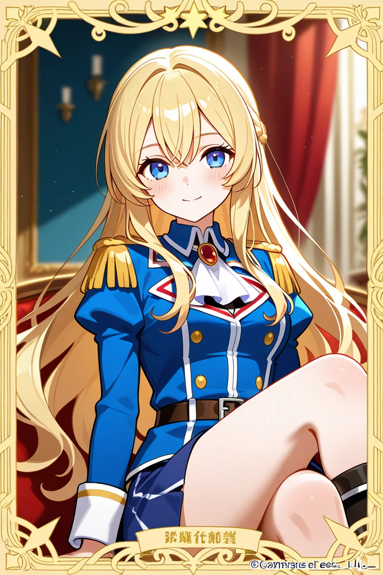 Male child、Royal Uniform、top-quality、Perched、early evening、lycoris、length hair、a blond、blue eyess