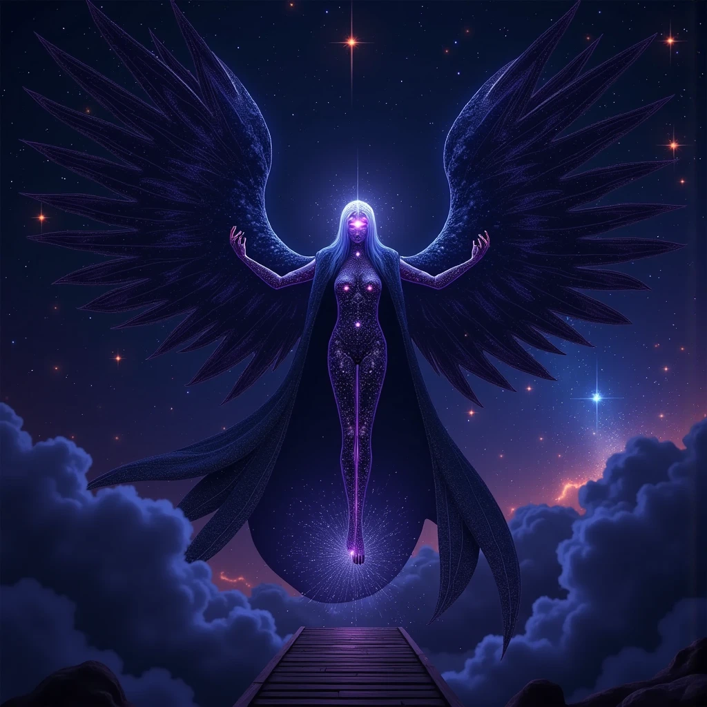 (Masterpiece), (Best Quality: 1.4), absurdities, [:intricate details:0.2],witch, angel wings, milky way, sky, bright aura, intense focus, crackling energy, mysterious symbols, bright specks,Paticulas,many details