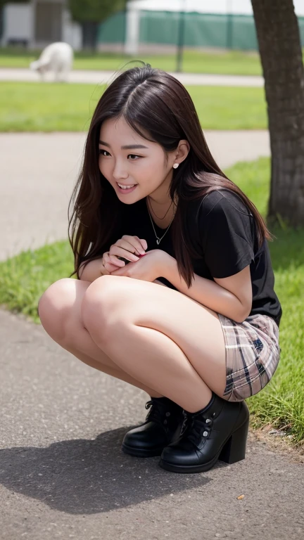 (((masterpiece))), (((highest quality: 1.4))), ((Super Detail: 1.4)) ,ulzzang-6500-v1.1, (RAW Photos:1.2), (Photorealistic),(Genuine: 1.4), (Mastepiece), highest quality, shape, Very detailed, finely, High resolution, 8k wallpaper, 完璧なダイナミックな構shape, Beautiful and detailed, (Plaid vest), , A tough challenge, (Ultra-realistic pantyhose:1.2), Skirt and medium hair,, Natural color lip, Bold sexy pose, Squatting in the park、(A very loving smile:1.2)、23-year-old woman、cute、sexy shot looking at camera, Realistic skin texture、Shiny skin、Exposed thighs!!! (Full Body Shot:1.4), Natural Skin Shader, Volumetric, Warm shades beneath her skin,