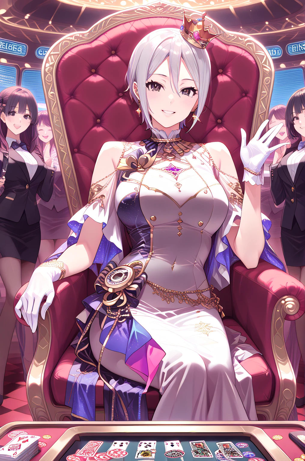 1girl, blonde girl, wavy hair, tanned white skin, dominant look, hand holding her face, legs crossed, low-cut purple lingerie, endowed youthful body, looking at the viewer, sensual purple robes, sitting on a golden throne, abstract background, best quality, 3d texture 