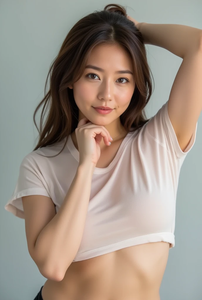 (High reality photograph, high resolusion, detailed face, detailed eyes) Skinny Japanese lady, 30 years old, cute face, various face expression, various hair style, skinny figure, small breasts, very thin waist, in a japanese room, wearing tight shirt and skirt, raise both hands up