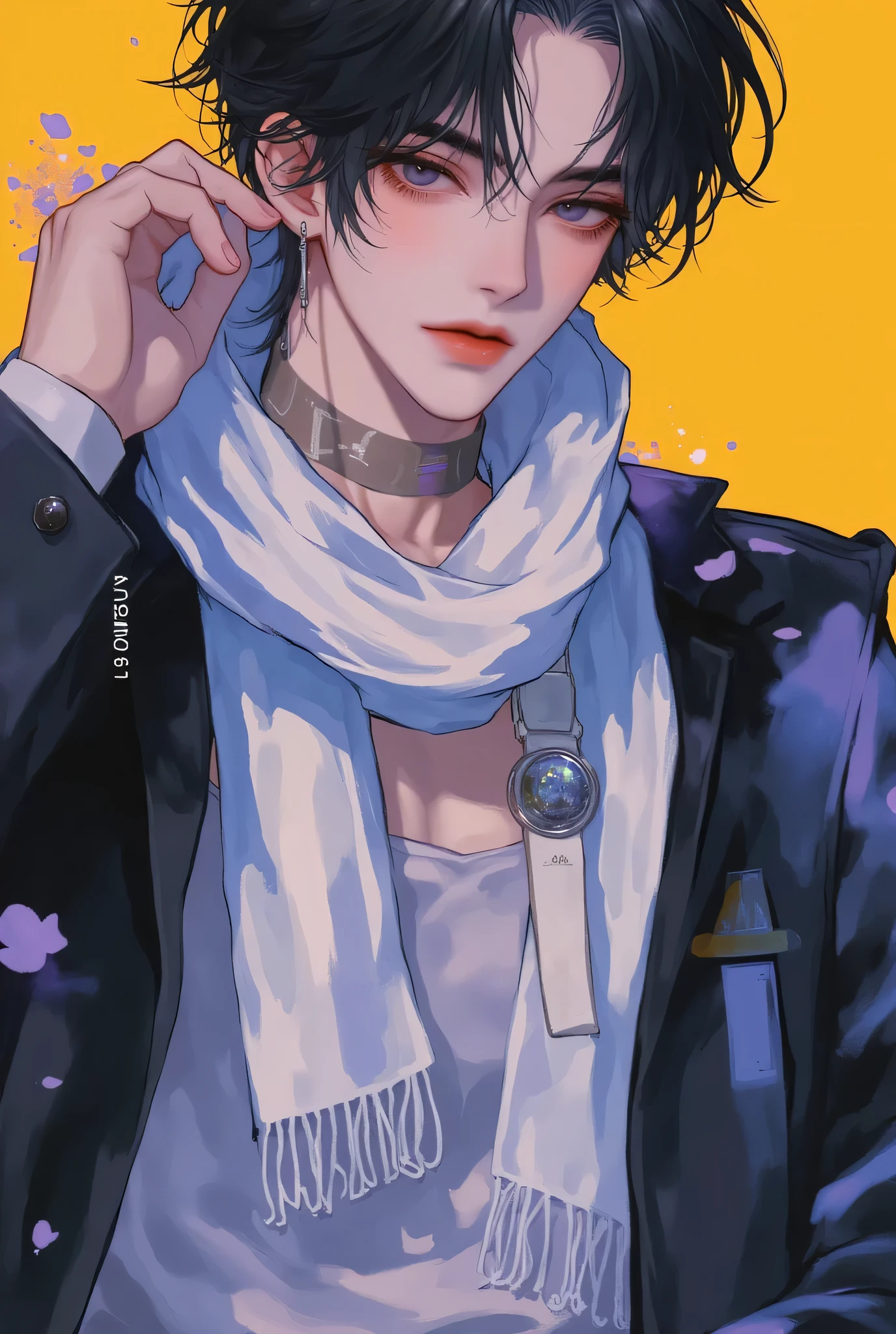 2D、anime、Kpop holiday 、Take a selfie、オシャレでクールなMen's少年のモデル、A beautiful, young, beautiful、, including emotional expressions such as dizziness、bisexual 、cool、 black hair color 、Short Hair、 arranged hair 、Handsome Hair、Xiaoyan、white skin、 neutral face 、Men's、cute face、 cool sharp eyes 、sharp thin eyebrows 、tall、excellent style、cool物が好き、black fashion style、Age 19、 half Japanese and Korean man 、Fascinating fans、seduce、 beautiful pictures 、masterpiece、top quality、HD、fantastic、 the background is bright 、 with a painful expression taken from an oblique side、Beautiful Portraits、Men'sメイク、animeメイク、 cute girl with piercings 、has a story、Whole shot、Hands on Hips
