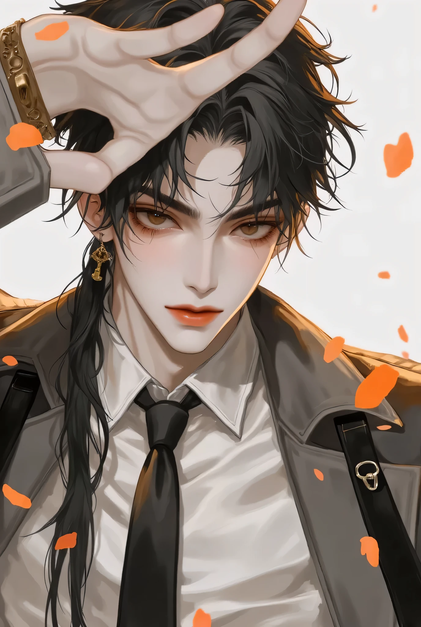 2D、anime、Kpop holiday 、Take a selfie、オシャレでクールなMen&#39;s少年のモデル、A beautiful, young, beautiful、, including emotional expressions such as dizziness、bisexual 、cool、 black hair color 、Short Hair、 arranged hair 、Handsome Hair、Xiaoyan、white skin、 neutral face 、Men&#39;s、cute face、 cool sharp eyes 、sharp thin eyebrows 、tall、excellent style、cool物が好き、black fashion style、Age 19、 half Japanese and Korean man 、Fascinating fans、seduce、 beautiful pictures 、masterpiece、top quality、HD、fantastic、 the background is bright 、 with a painful expression taken from an oblique side、Beautiful Portraits、Men&#39;sメイク、animeメイク、 cute girl with piercings 、has a story、Whole shot、Hands on Hips