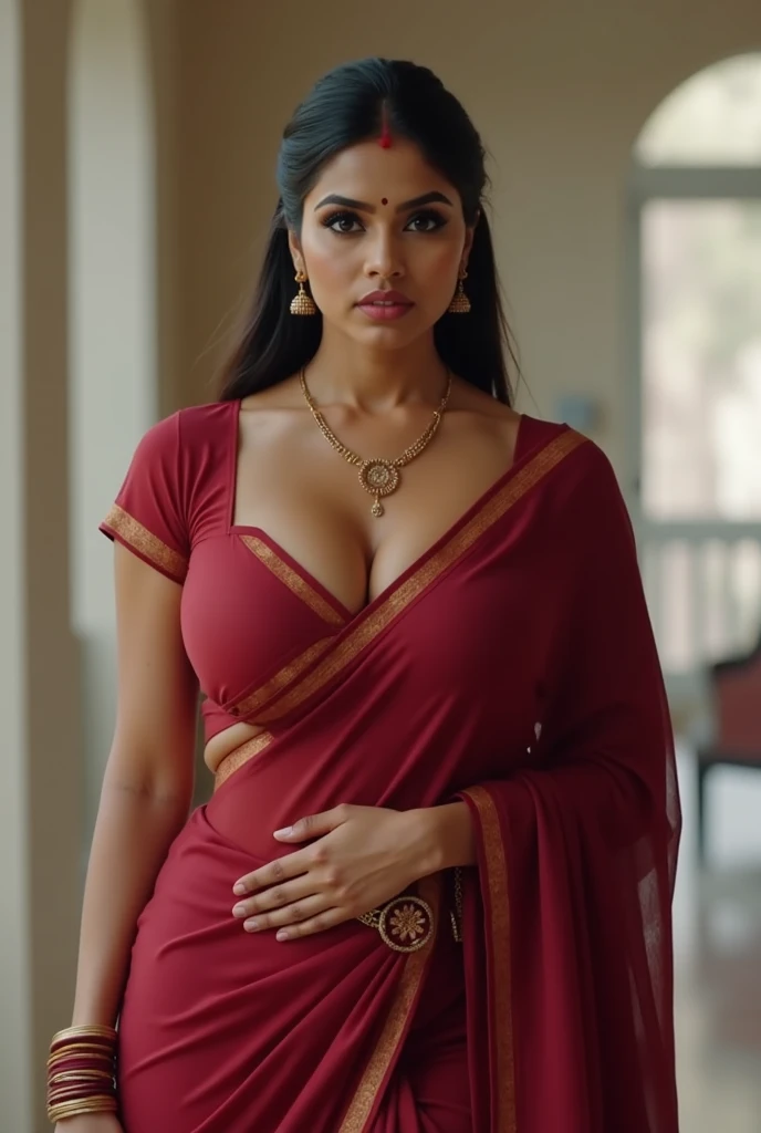 A brunette indian married 40 year old woman with long black hair bun and big breasts teasing room service boy with cleavage, sensual 