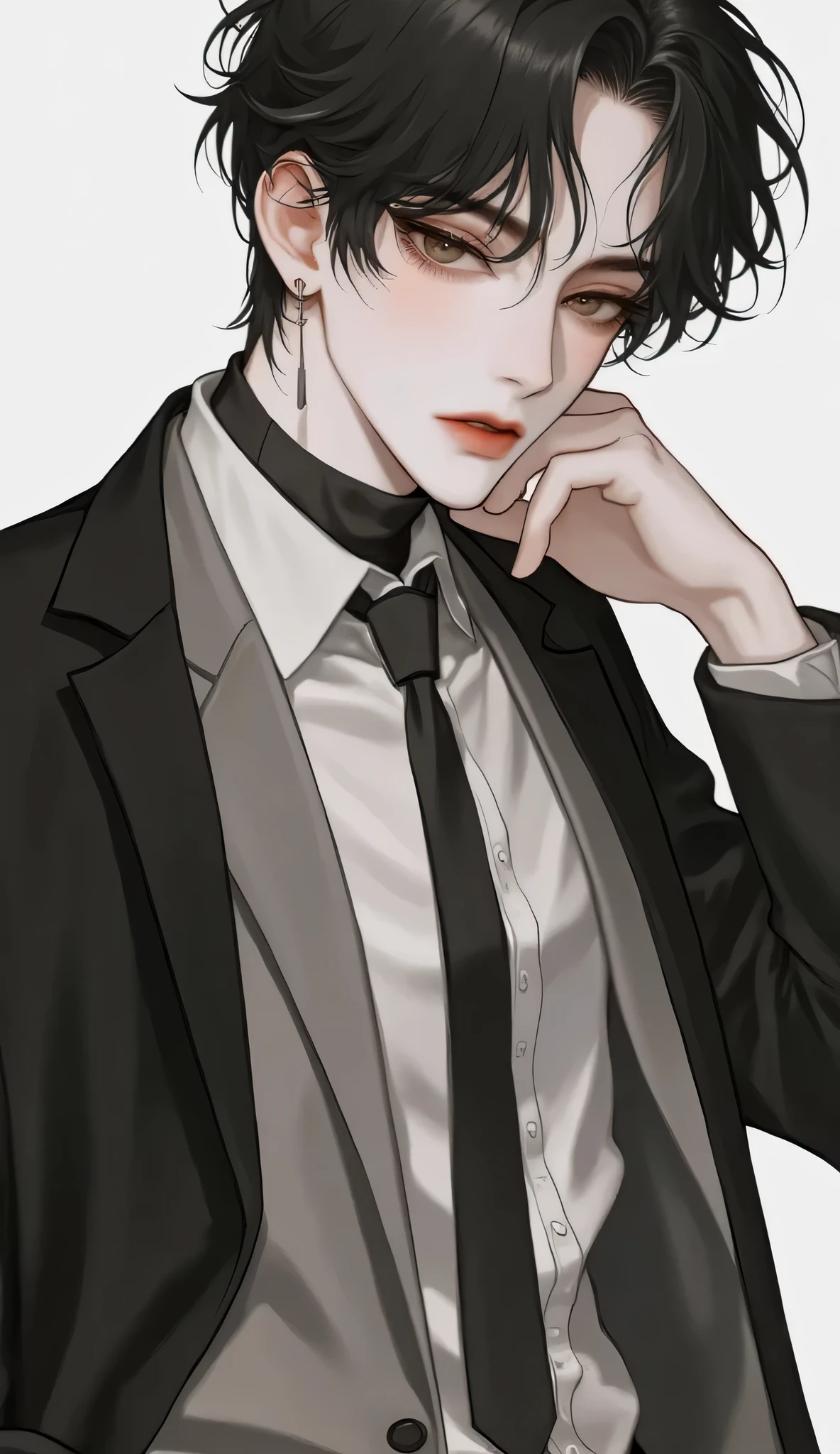 2D、anime、Kpop holiday 、Take a selfie、オシャレでクールなMen's少年のモデル、A beautiful, young, beautiful、, including emotional expressions such as dizziness、bisexual 、cool、 black hair color 、Short Hair、 arranged hair 、Handsome Hair、Xiaoyan、white skin、 neutral face 、Men's、cute face、 cool sharp eyes 、sharp thin eyebrows 、tall、excellent style、cool物が好き、black fashion style、Age 19、 half Japanese and Korean man 、Fascinating fans、seduce、 beautiful pictures 、masterpiece、top quality、HD、fantastic、 the background is bright 、 with a painful expression taken from an oblique side、Beautiful Portraits、Men'sメイク、animeメイク、 cute girl with piercings 、has a story、Whole shot、Hands on Hips