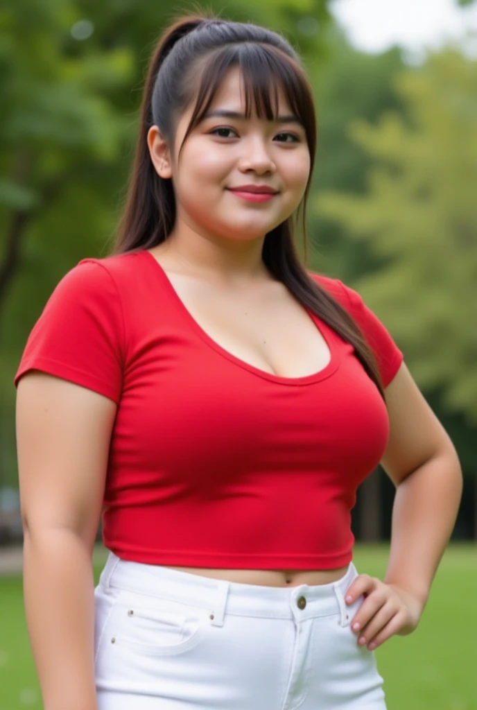 RAW photo, 40 year old Indonesian woman, fat, wearing a loose red striped t-shirt, short jeans, happy smile, outdoors, morning sun.