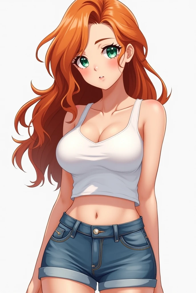 （Real， High resolution：1.3）， One girl with a perfect body， Very beautiful face and eyes，Long Hair， Random color tank top：1.2， Short jeans， Big Breasts，Exposing cleavage
