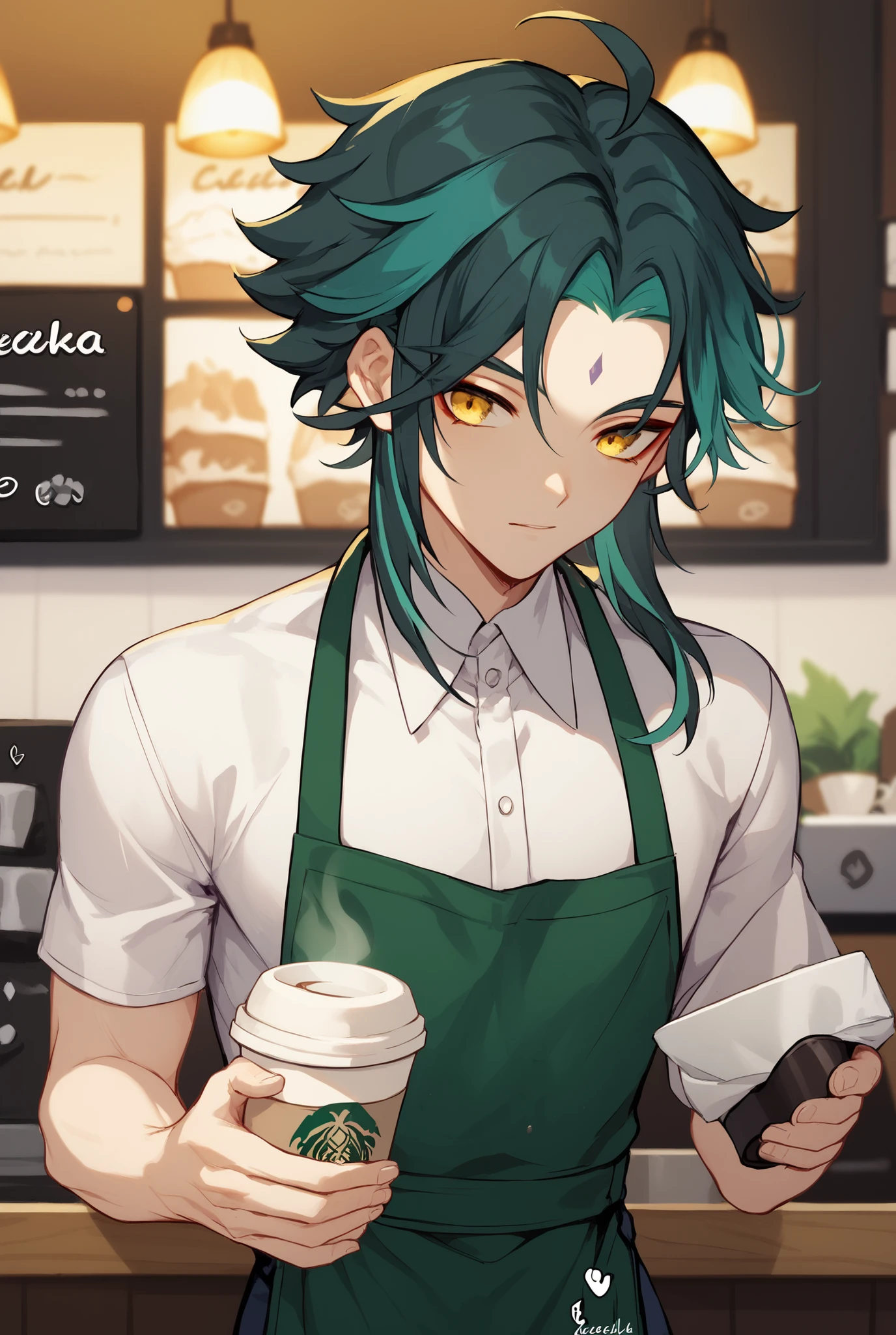 masterpiece, top quality
xiao single detachable sleeve, 1 boy, male focus, One, green hair, black hair, two-tone hair, ahoge, yellow eyes, face sign,  forehead tag ,  chelka,  shirt, white  shirt,  coffee shop background, barista, coffee,  apron