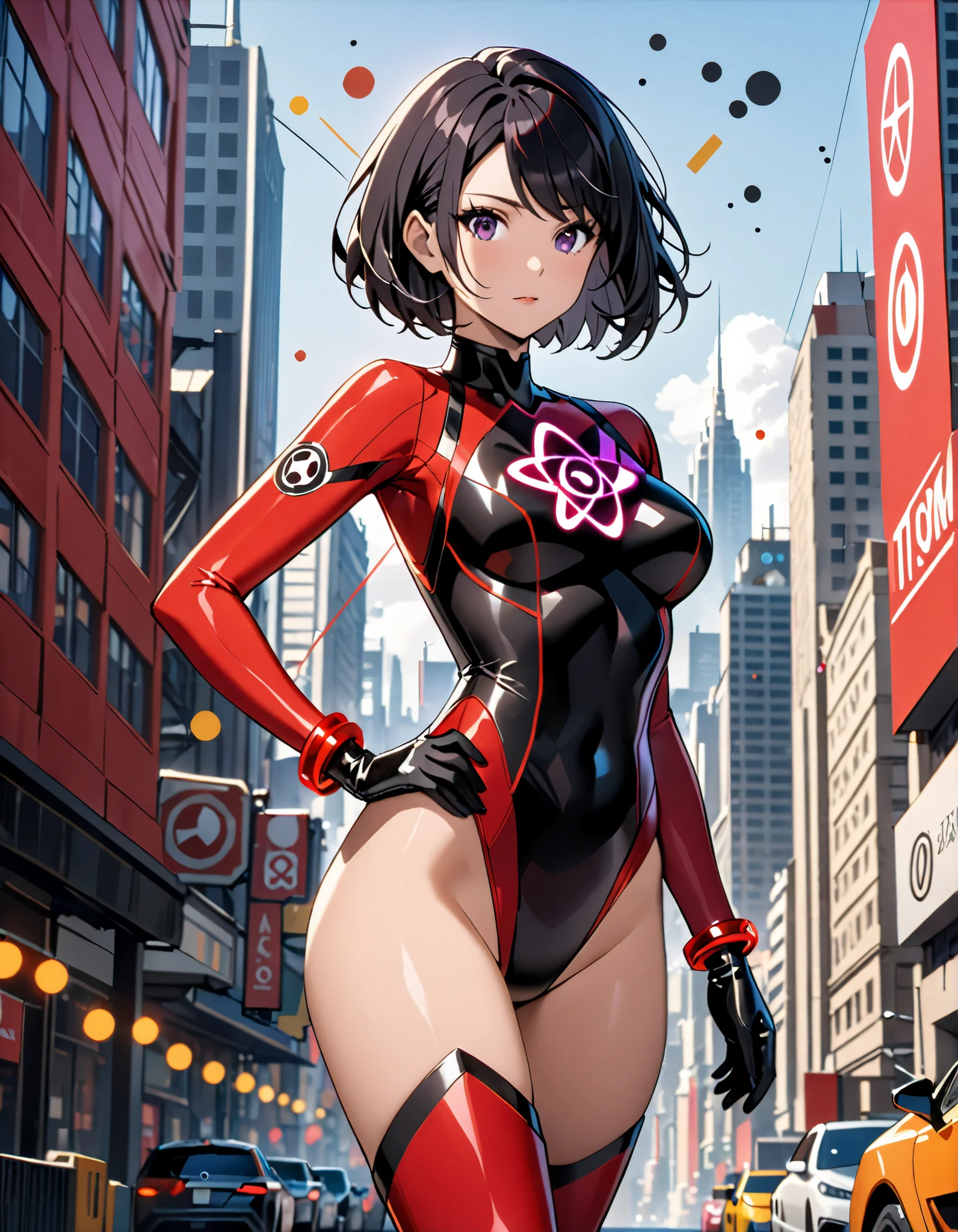 Sarada Uchiha,bodysuit, Estilo de capa de quadrinhos,Comic book cover title,super hero land,city, action,fight,black eyes,explosions,purple,lightning,wearing prescription glasses,orange,red,pink,tactical clothing