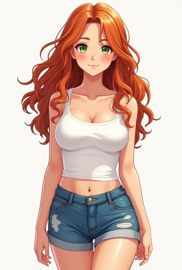 A young woman, with long curly orangeish red hair, green eyes, pale skin, and lots of freckles, massive and plump breasts, thick thighs, a plump and perfectly rounded ass, and I slim waist, wearing a oversized white T-shirt, short shorts, anime style, cute