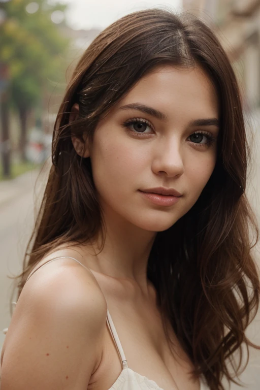A photorealistic portrait of a 25-year-old American girl with long, flowing brown hair and striking brown eyes. She should have a natural, approachable expression and be illuminated by soft, golden-hour sunlight. The background should be a scenic outdoor setting, perhaps a sunlit park or beach. Capture this image with a high-resolution photograph using an 85mm lens for a flattering perspective. Medium tits