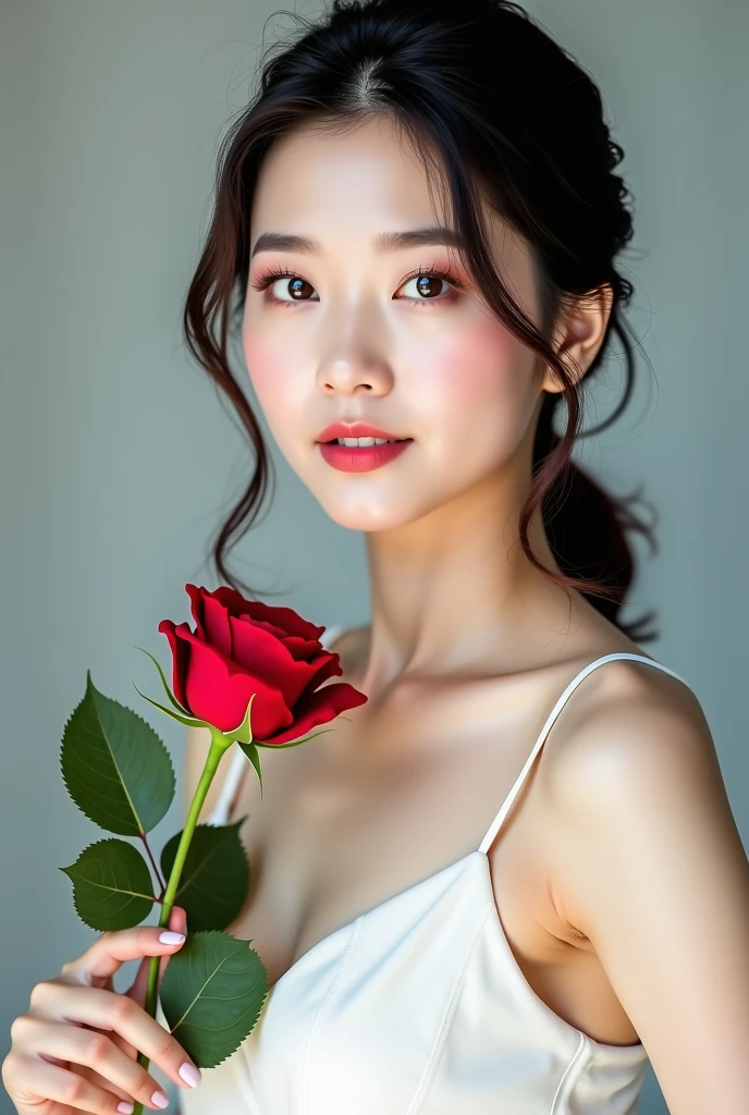 Ancient Greek maiden, ancient greek clothes, Woman, Pure smile, Caravaggio's paintings, Rose flower, fruits, big tits ton、 ,Caravaggio Chiaroscuro, Dark background,Expression of pleasure,Cute smile,burst into laughter