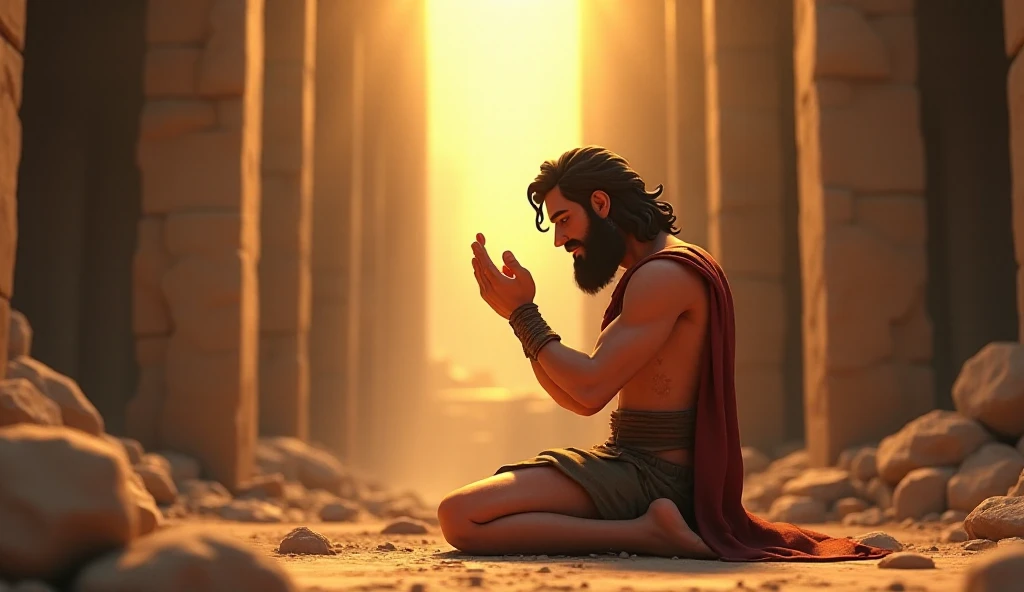 STRONG SLIM MAN WITH LONG UNCUT GRAY BEARD, GRAY HAIR, DOWN TO HIS SHOULDERS, BROWN EYES, SUN TAN SKIN, DRESSED IN BEIGE LINEN TUNICS COVERING HIS WHOLE BODY, SIMPLE BROWN LEATHER SANDALS, HE IS KNEELING PROSTRATE EXPRESSING REVERENCE, DOING A PRAYER.
A LIGHT FROM ABOVE WAS OVER HIM, 3D PIXAR CARTOON STYLE, CINEMATIC, WORK OF ART, DRAMATIC,DYNAMIC VIEW, WHOLE BODY.