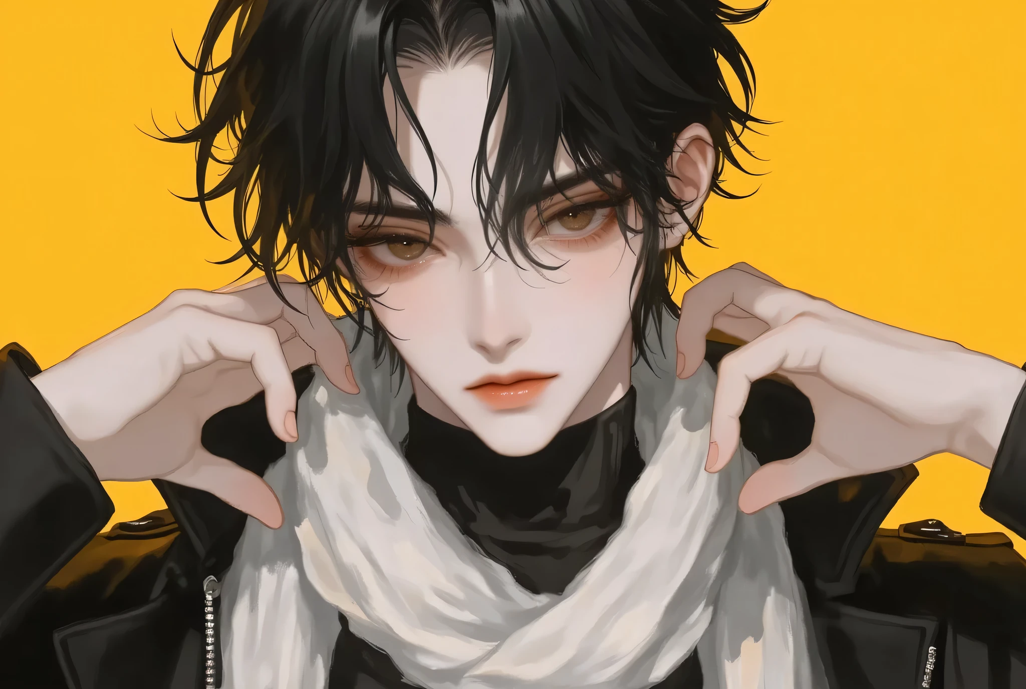 2D、anime、Kpop holiday 、Take a selfie、オシャレでクールなMen's少年のモデル、A beautiful, young, beautiful、, including emotional expressions such as dizziness、bisexual 、cool、 black hair color 、Short Hair、 arranged hair 、Handsome Hair、Xiaoyan、white skin、 neutral face 、Men's、cute face、 cool sharp eyes 、sharp thin eyebrows 、tall、excellent style、cool物が好き、black fashion style、Age 19、 half Japanese and Korean man 、Fascinating fans、seduce、 beautiful pictures 、masterpiece、top quality、HD、fantastic、 the background is bright 、 with a painful expression taken from an oblique side、Beautiful Portraits、Men'sメイク、animeメイク、 cute girl with piercings 、has a story、Whole shot、Hands on Hips