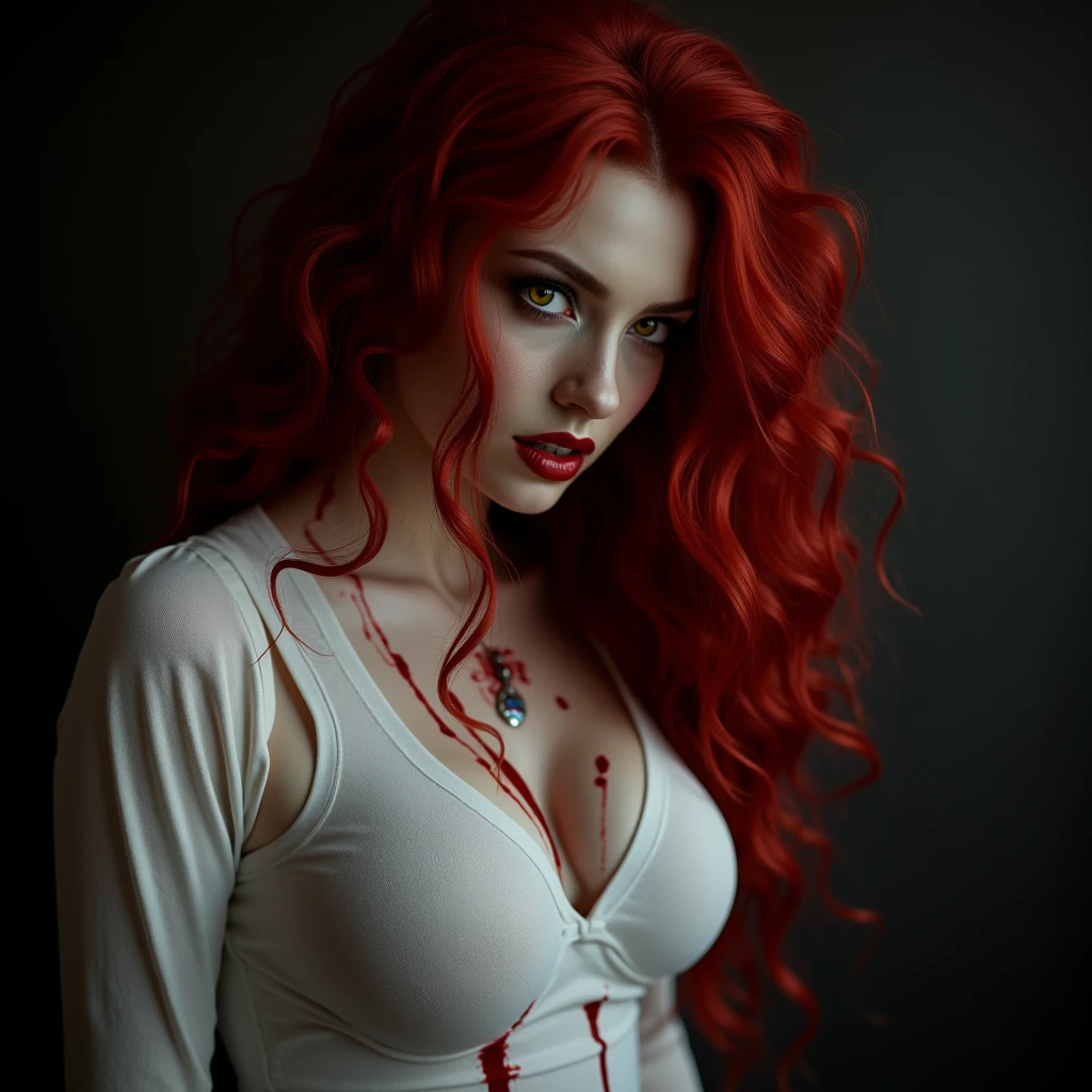 ((Best Quality)), ((masterpiece)), (detailed), 1 woman. sharp face, white eyes, very voluminous red hair, Drag queen makeup in dark colors, extremely pale skin. small waist, small shoulders, dark evening attire, covered in blood, totally white background.