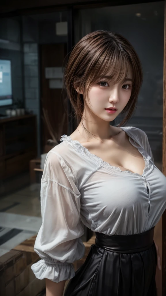 top-quality、超A high resolution、(Photorealsitic:1.4)、女の子1人、hot onsen、White yukata、Floral obi、Chest wide open、(faded ash gray hair:1)、(huge-breasted:1.2)、looking at viewert、