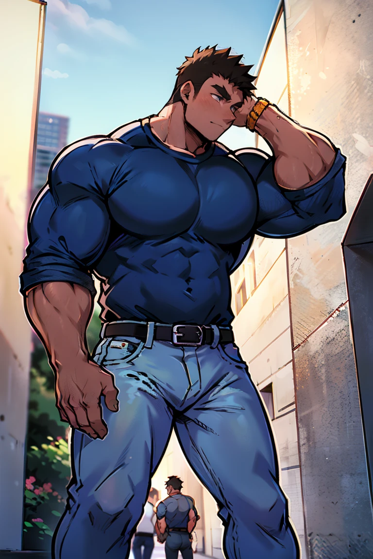 Aquí tienes un prompt detallado para la imagen:

"A handsome construction worker standing confidently. He is wearing tight work clothes that emphasize his large, well-defined muscles. The clothes include a form-fitting t-shirt with slight wear and a pair of rugged jeans, both strained slightly against his muscular frame. His face is strong and chiseled, with a hint of stubble. His expression exudes confidence and determination, as if he's just finished a day of hard work. The background shows a construction site with partially built structures and tools, adding to the authenticity of the scene."