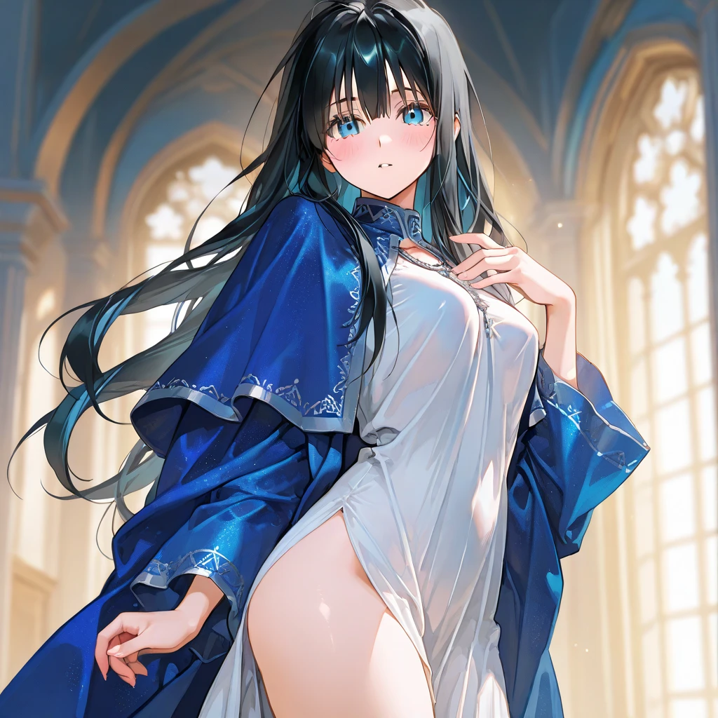 (Realistic:1.3), (masterpiece:1.2), (photoRealistic:1.2), (highest quality), (Detailed skin:1.3), (Intricate details), Reduces light reflections, 1 woman, 19 years old, Detailed skin texture, (blush:0.6), Scattered beneath the surface, smile, Shyness, Black Hair, Straight Hair, medium Long Hair, Calm hair, bangs, Hair between the eyes, Hair volume is low, Sparkling blue eyes, Lens Eye, Light reflection in the eyes, Symmetrical eyes, looking at the camera, hair ornaments, Wearing dress, Floral prints on clothes,
skirt, ((white gold dress)), She has only two legs, Two arms, Five fingers, Two joints in the fingers,
high heels,
Describe from shin to head, (from below), Inside the room, ((Do not cover the crotch)), ((black g-string panty)), tiny panty, ((vagina)), Perfect body balance, good legs, slim legs, spread her legs very wide, ((roll up skirt with her hands)), separate Panties from clothes, left and right legs the same thickness, ((big tits)), nipple, (under boob), ((stand in the room)), (camel toe), standing on one leg, (Step on the table next to her with one foot), The hem of the skirt flows to the side, Smooth Skin, Big , Natural light, ((pussy)),