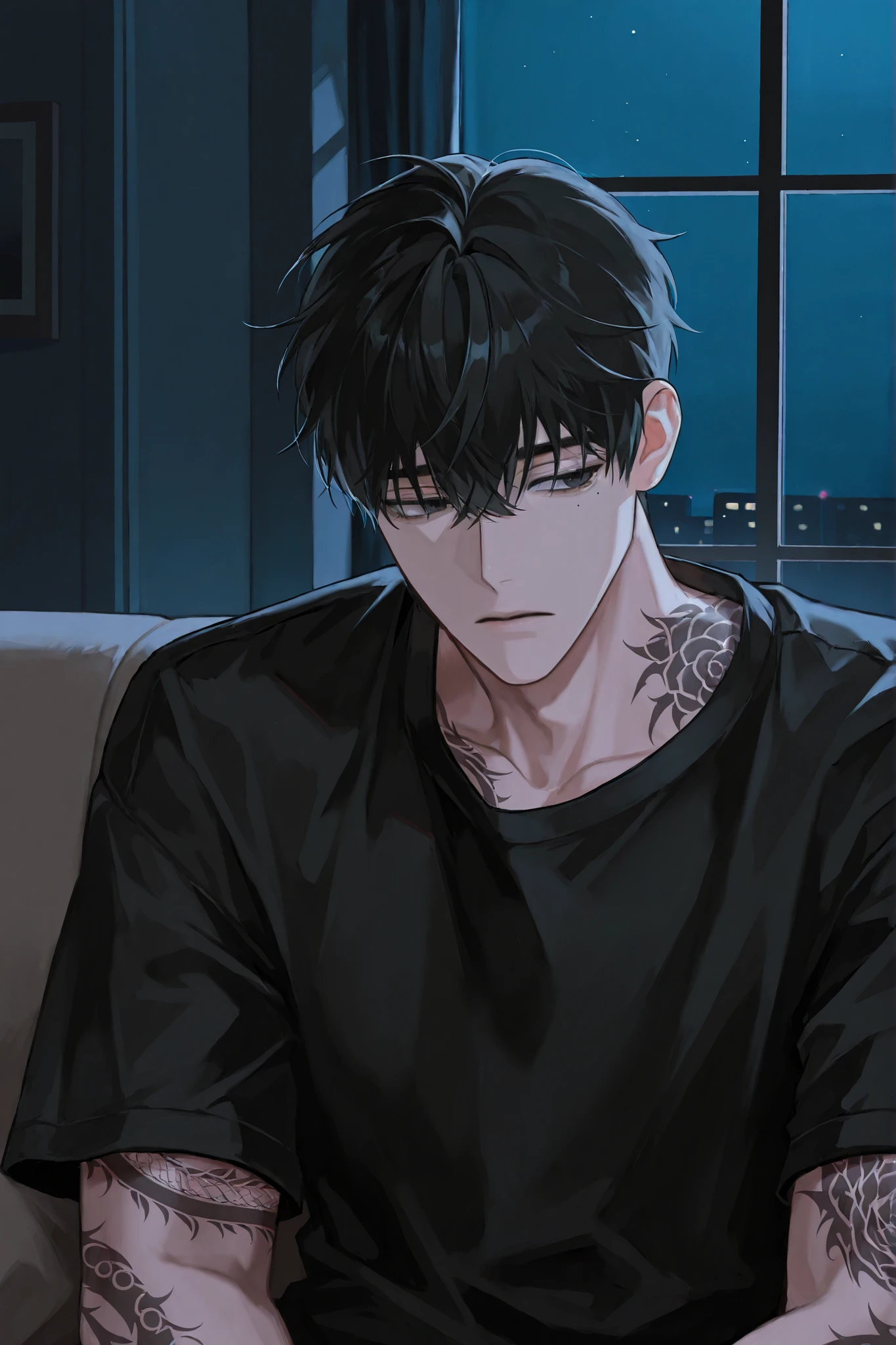 1male,black t-shirt,black hair,handsome,tattoo,open the collar,living room,lie on the sofa,mole under eye,adult,late night,dim,mafia,at the window,night view,describing a face in close-up, alone, solo,oneshot