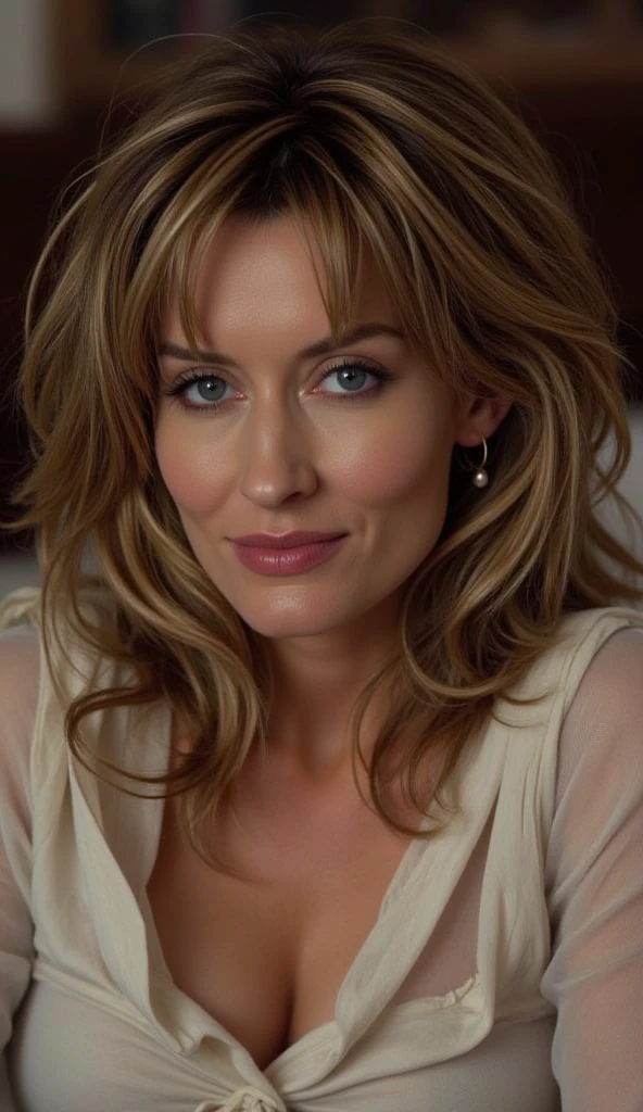 Emily Blunt with her hair up dressed in sexy cotton clothes and a sexy smile.