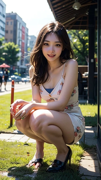 a beautiful woman, holiday short dress, violet summer short dress, flowers, Japan woman, sexy Crouch