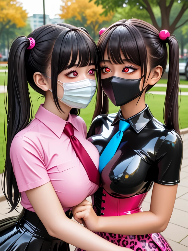 masutepiece,A hyper-realistic,32K,the Extremely Detailed CG Unity 8K Wallpapers, Best Quality,2 girls,(Hugging each other:1.2),(Wearing a colorful latex cheongsam:1.3),(Wear a latex mask:1.2),(Wearing a fishnet tight:1.1),Beautiful shining silver eyes,rainbow twin tails hair,Full body shot, Inside the dyner,Evening glow,Latex Cape,Smile,Holding a bowl with ramen