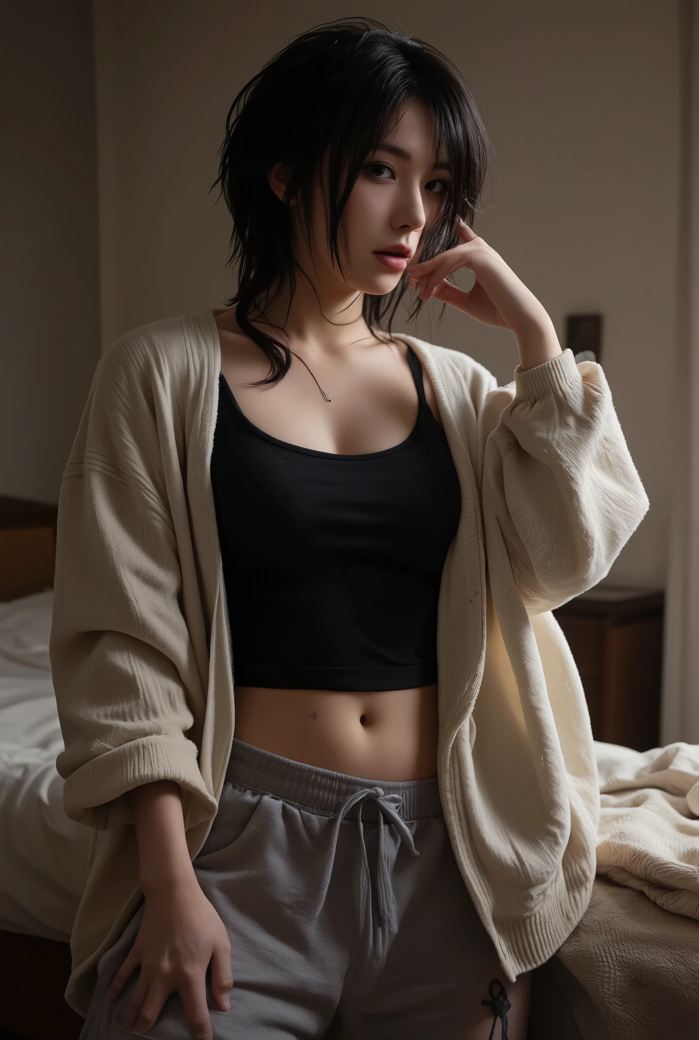black hair woman, with wolf cut, wear a tanktop and cardigan, sweat pants, in her room, with tattoo on her tights