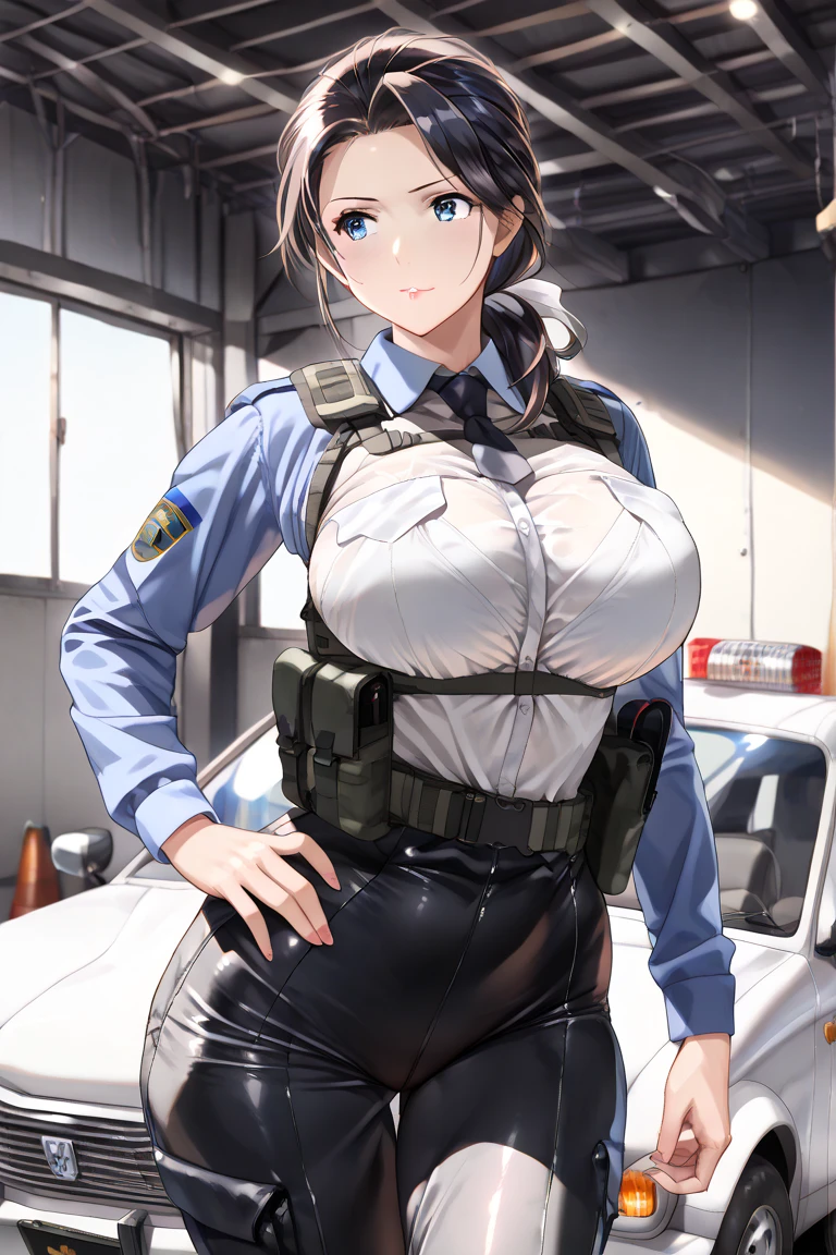 ((best quality, 8k, masterpiece: 1.3)), sharp: 1.2, Perfect body beauty: 1.4, Slim abdominal muscles: 1.2, ((Layered Hairstyle, Large Breasts: 1.2)), (wet White Button Long Shirt: 1.1), (Bulletproof police car, street: 1.2), wet: 1.5, Highly detailed face and skin texture, Delicate eyes, Double eyelids, Look sideways at the camera, White police uniform, tall and big, Army insignia, bulletproof vest, Intercom, Female soldier aiming pistol at camera, Armed at all points, Black leather pants, Special Forces, stud earrings, cleavage